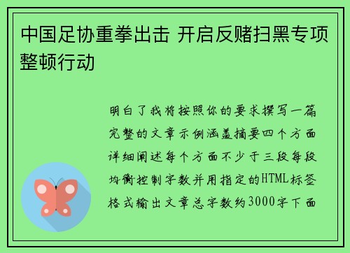 中国足协重拳出击 开启反赌扫黑专项整顿行动