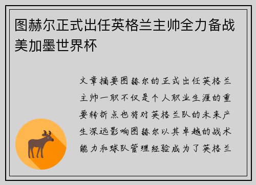 图赫尔正式出任英格兰主帅全力备战美加墨世界杯